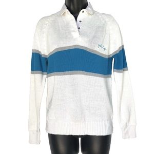 Jonathan Logan Vintage Striped Collared Pullover Sweater Women's M White Blue